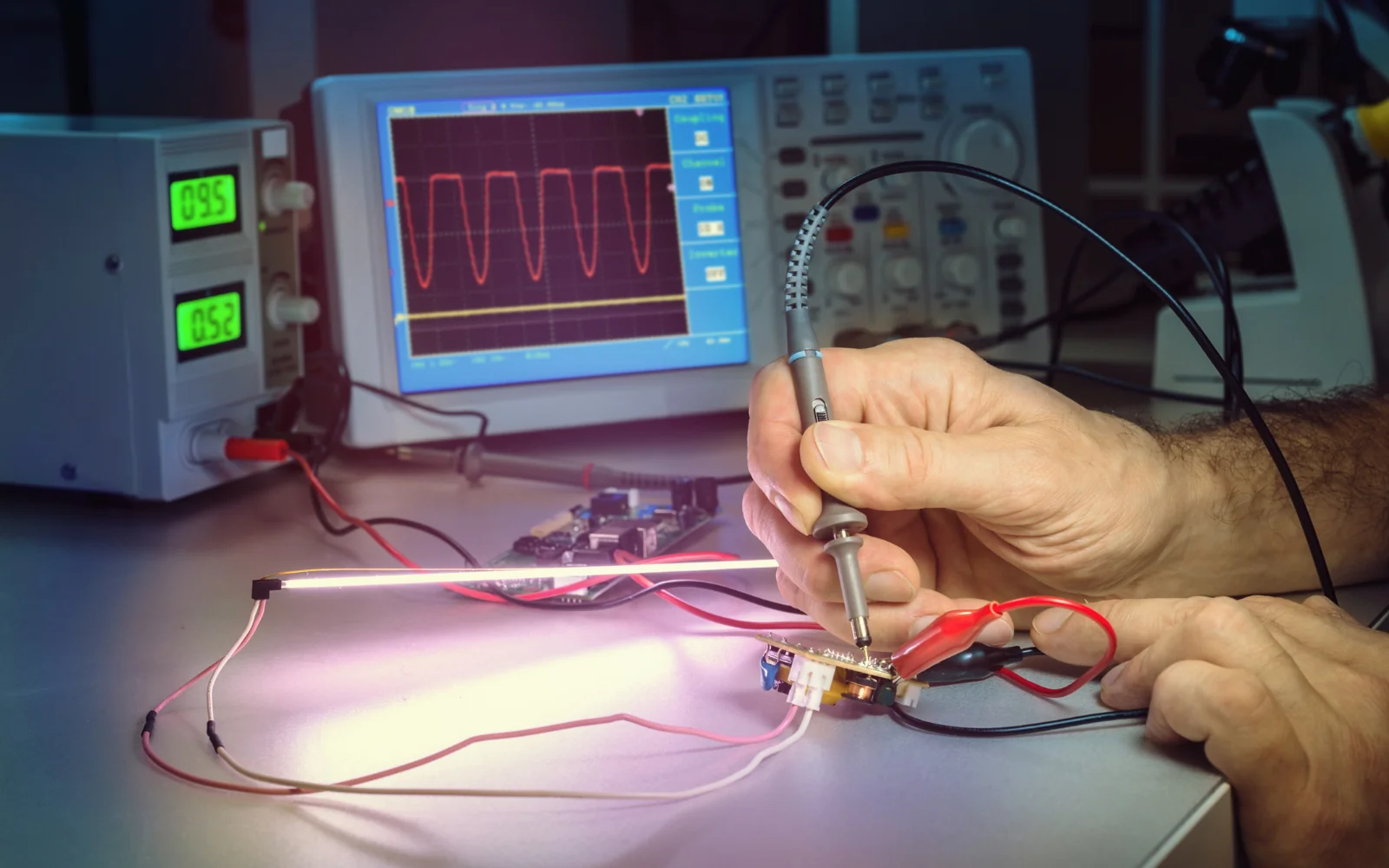Oscilloscope and multimeter measuring an electronic circuit