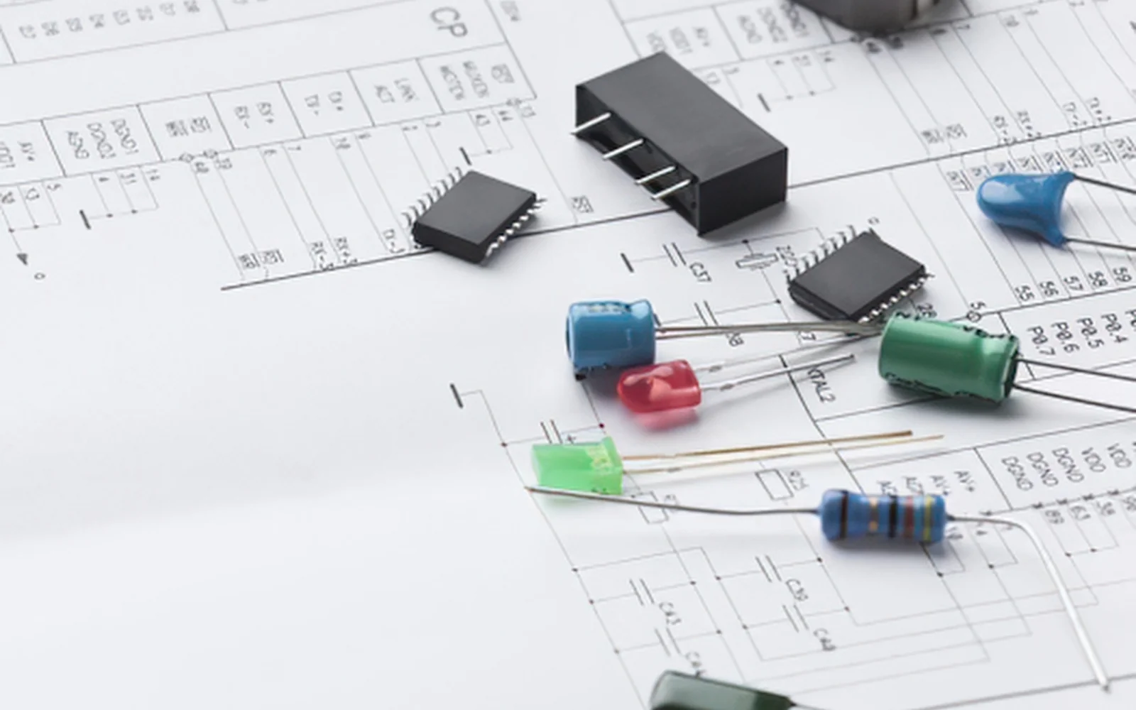 Electronic components arranged over a circuit schematic