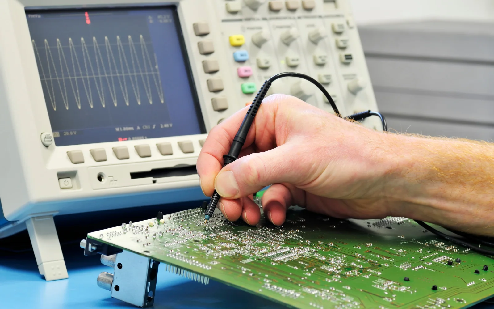 Measurement probe applied to a circuit board beside an oscilloscope