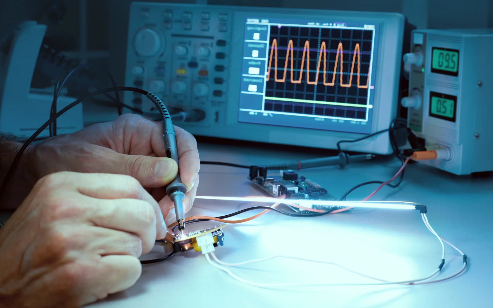 Oscilloscope measurement of an electronic circuit at a test bench