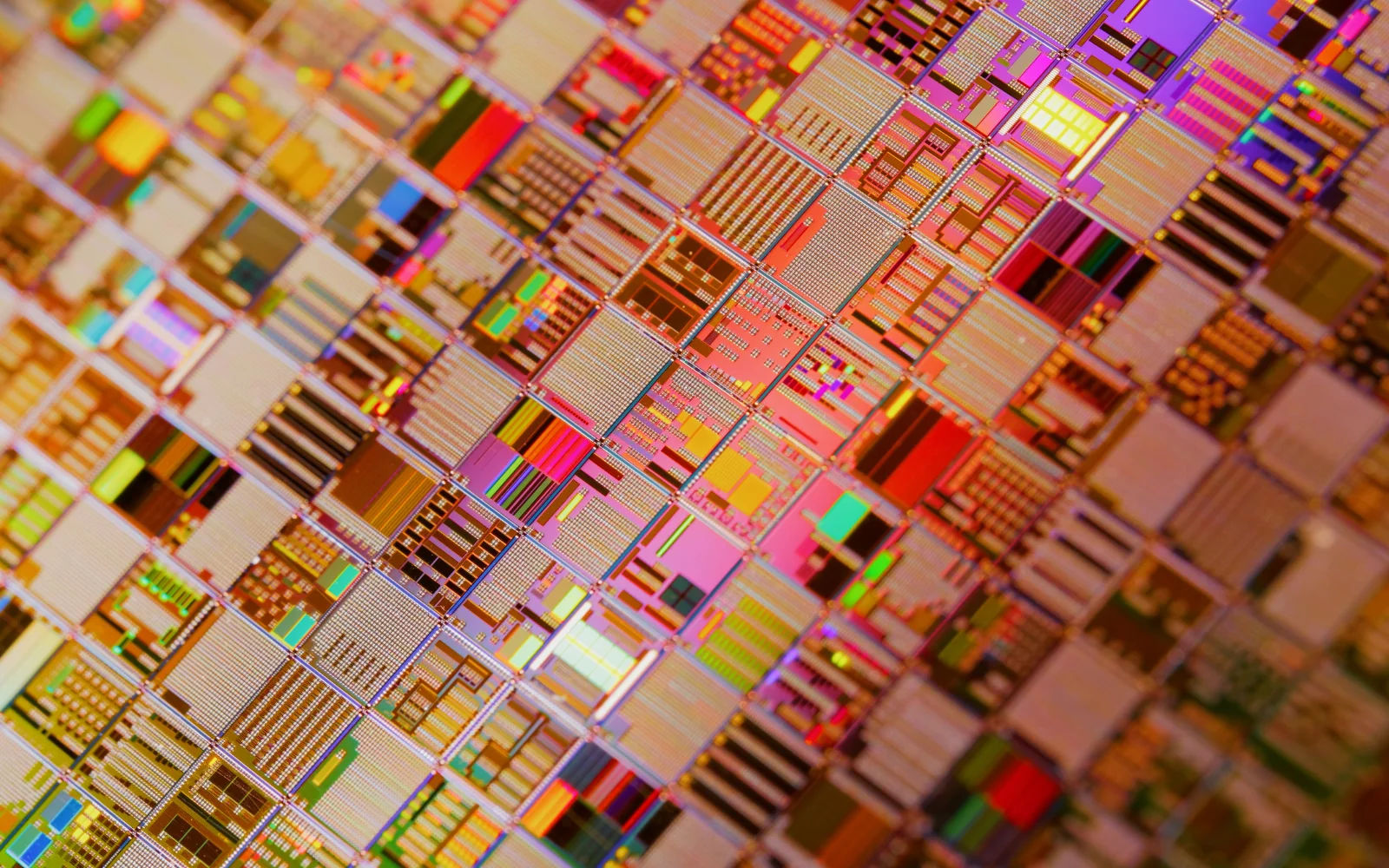Close view of repeated silicon circuit patterns