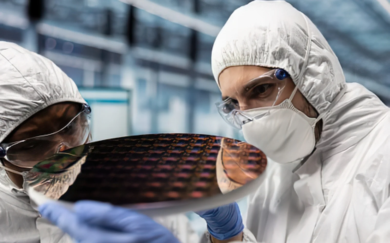 Cleanroom technicians inspecting a silicon wafer